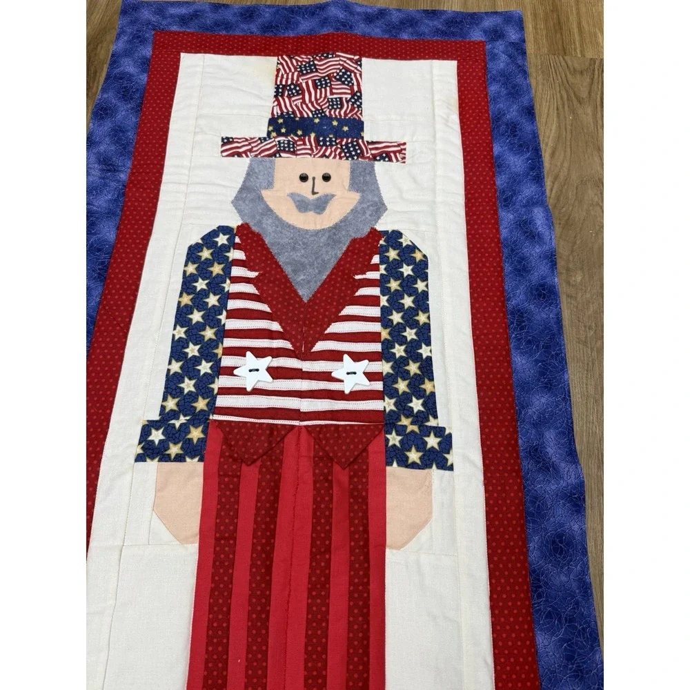 USA Patriotic Uncle Sam Red White Blue Handmade Quilted Table Runner July 41x18